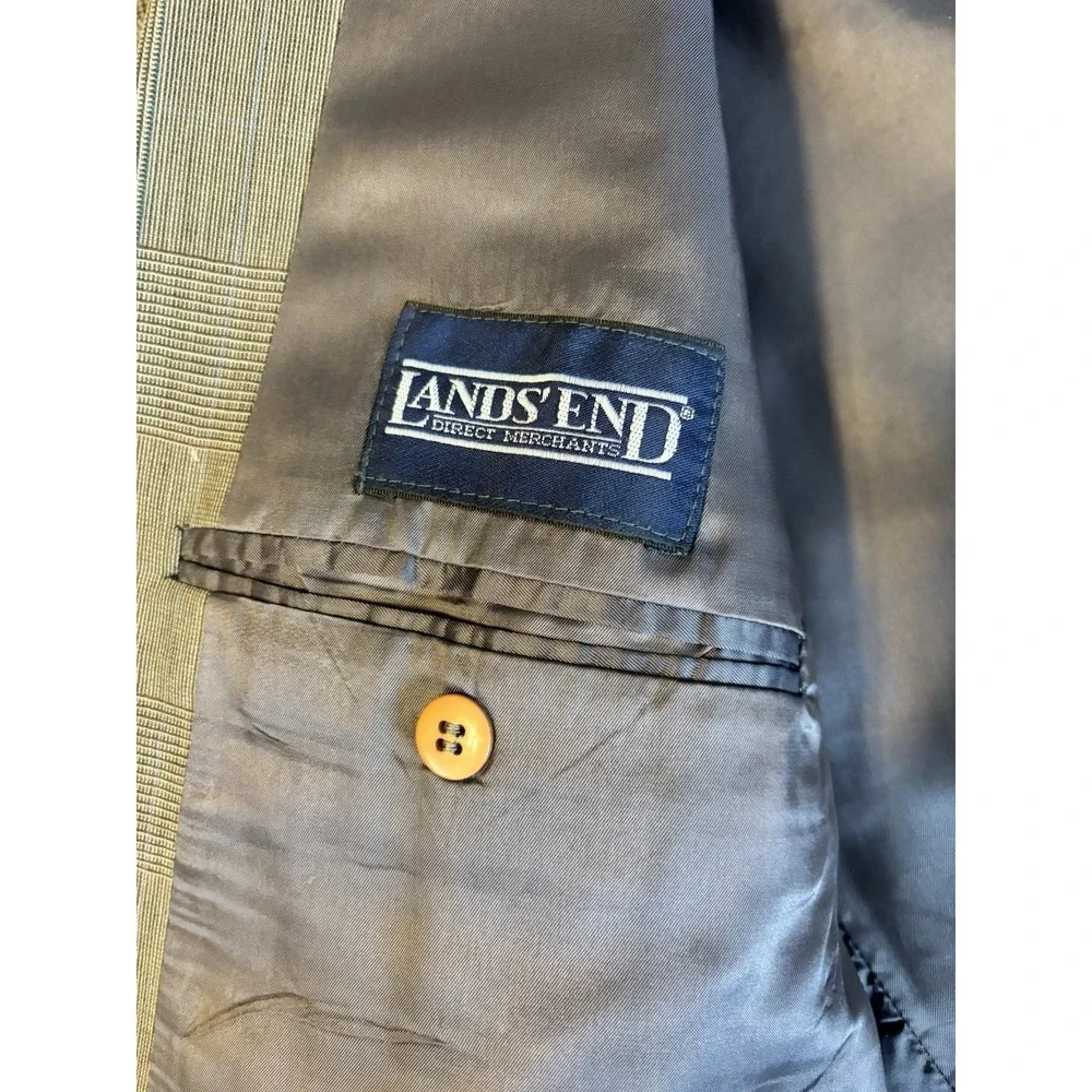 LANDS END Brown Windowpane Wool 2Pc SUIT‎ 44L Pleated Front Pants 36x30